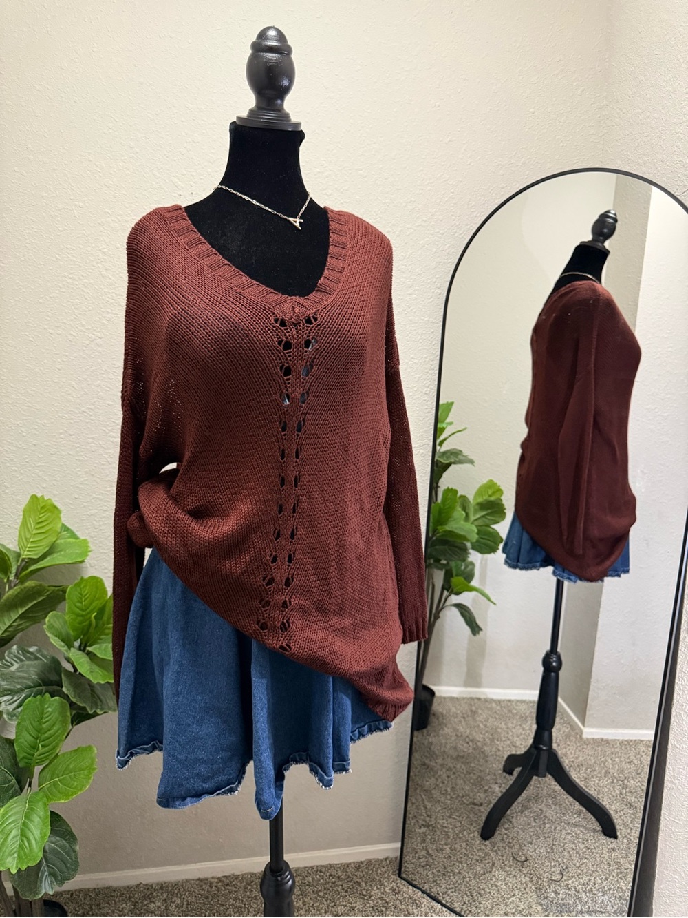 Love Riche Open-Stitch V-Neck Sweater in Rust